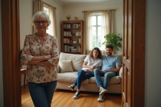 Belle-mère envahissante souriant à la porte d'un appartement pendant qu'un jeune couple lève les yeux au ciel avec humour