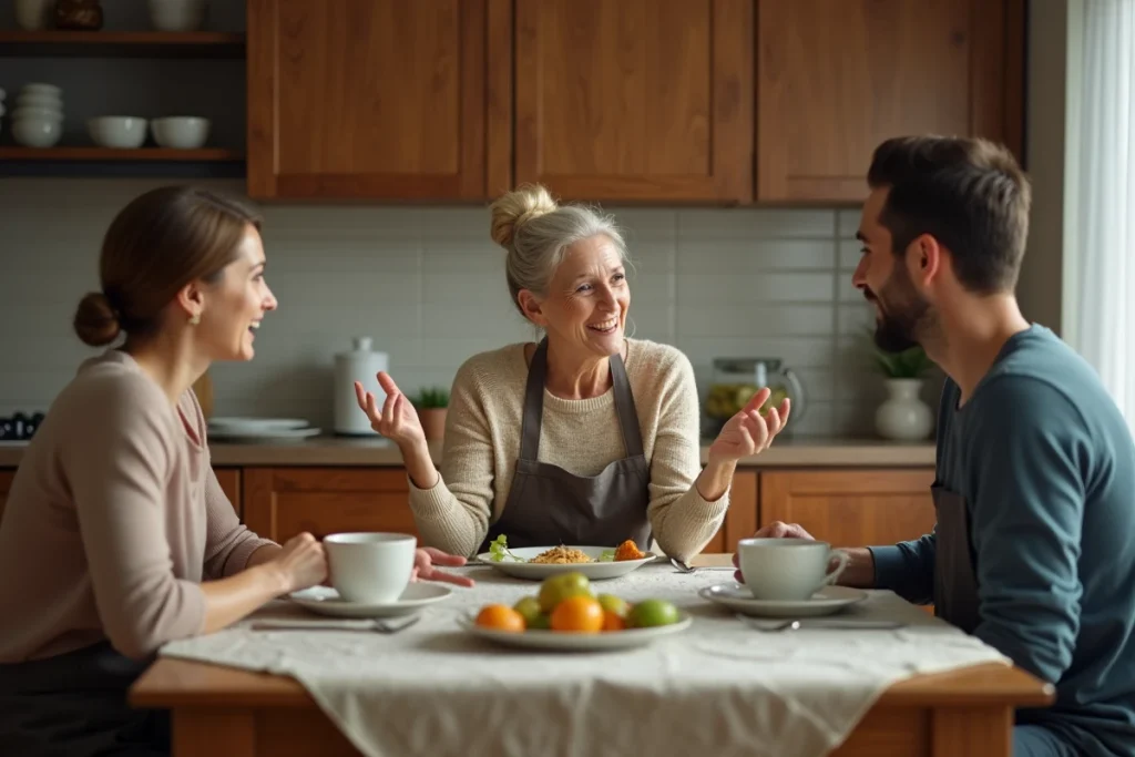 Dîner de famille amusant avec une belle-mère expressive et un couple complice qui échange un regard entendu