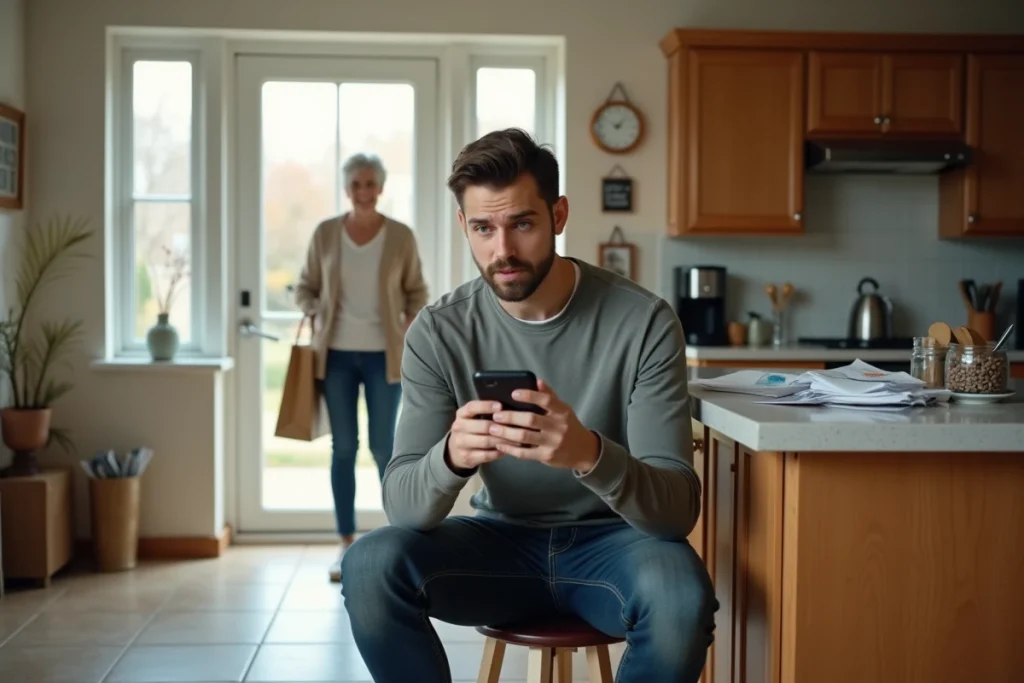 Mari comique avec expression de désespoir tenant son téléphone pendant que sa belle-mère arrive à l'improviste