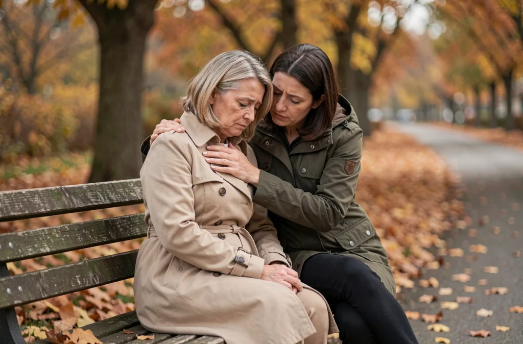 Deux femmes assises sur un banc en automne, l'une réconfortant l'autre après la perte de sa mère