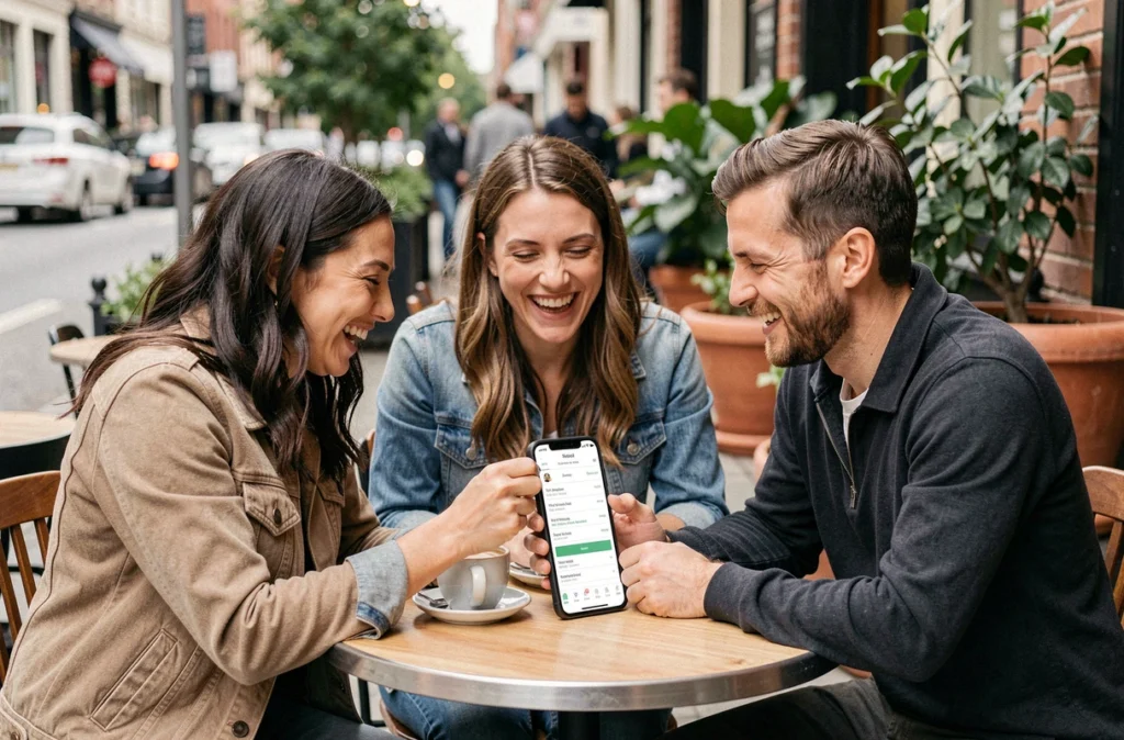 Groupe d'amis partageant une liste de souhaits en ligne sur smartphone en terrasse de café