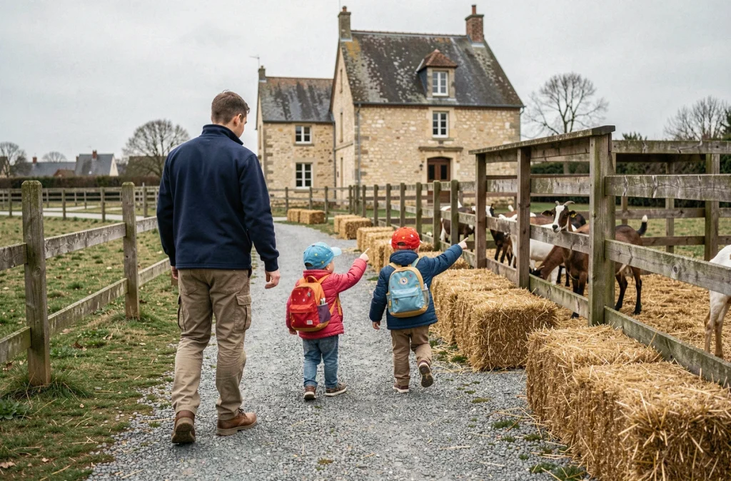 Animateur accompagnant des enfants de 3 à 5 ans lors d'une visite à la ferme en Île-de-France, sortie éducative en pleine journée