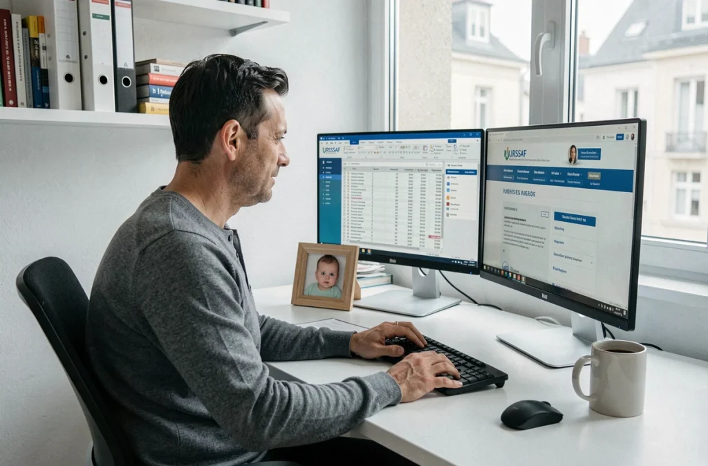Autoentrepreneur travaillant sur ses déclarations administratives de congé paternité depuis son bureau à domicile