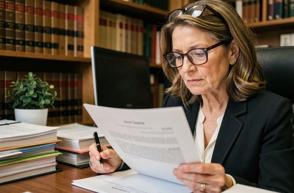 Avocate spécialisée en droit de la famille examinant un dossier de garde d'enfant dans son cabinet, illustrant les conséquences juridiques d'une absence à une audience JAF