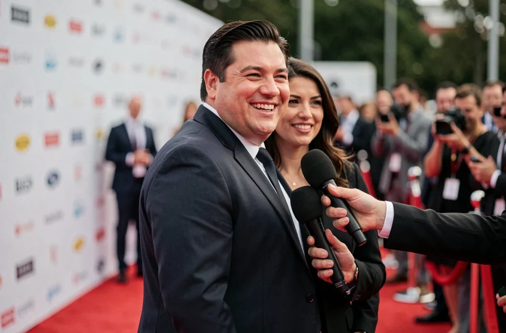 Humoriste souriant lors d'une interview sur tapis rouge, sa compagne discrètement à l'abri des caméras
