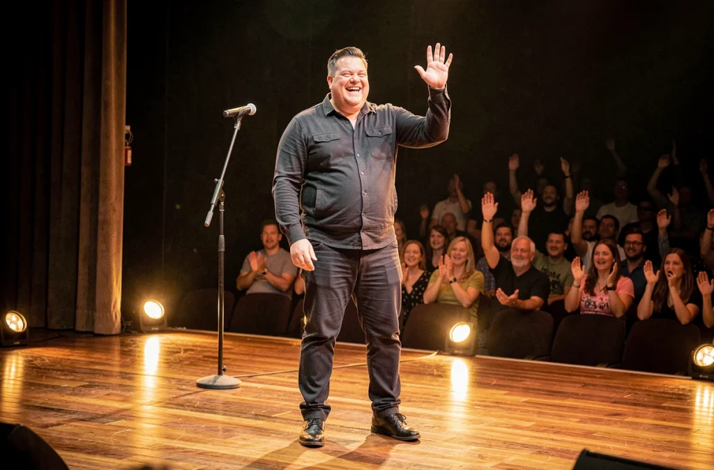 Humoriste saluant le public sur scène lors d'un spectacle de comédie, ambiance chaleureuse de salle de théâtre