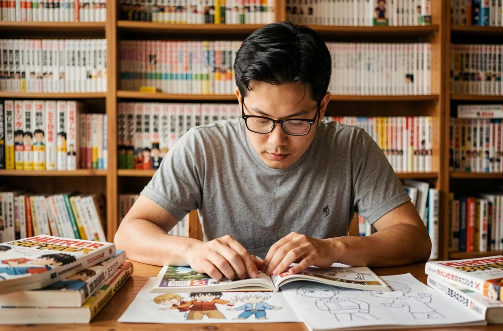 Collectionneur de mangas étudiant les volumes Hunter x Hunter avec des artbooks et planches des personnages Zoldyk sur un bureau en bois