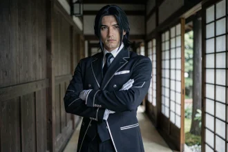 Cosplayer en uniforme de majordome sombre incarnant un assassin mystérieux de Hunter x Hunter dans un couloir de manoir japonais traditionnel