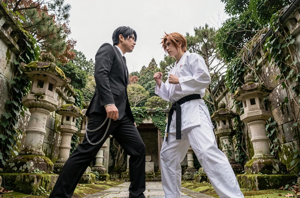 Deux cosplayers représentant des personnages antagonistes de Hunter x Hunter en confrontation dramatique dans un jardin de pierre japonais envahi par la végétation