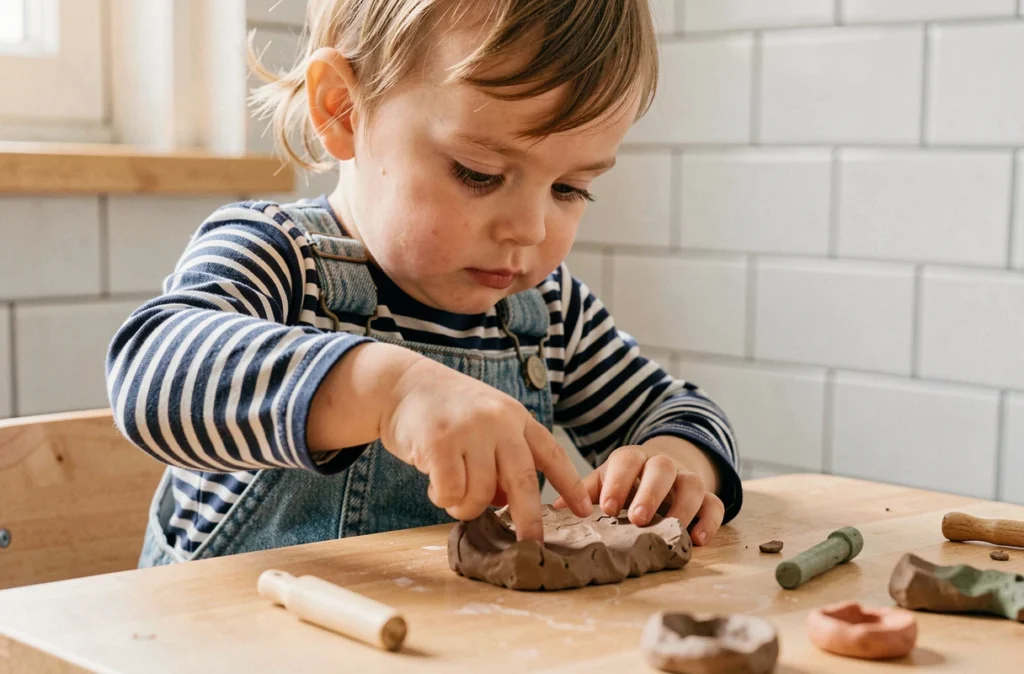 Tout-petit de 2 ans manipulant de la pâte à modeler naturelle pour stimuler la motricité fine et la coordination