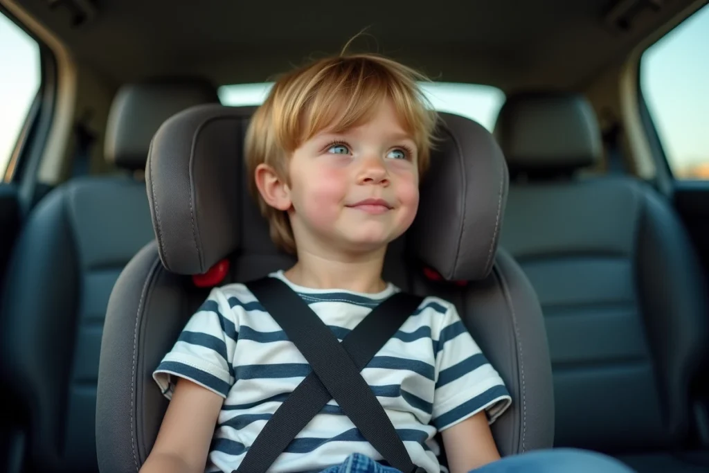 Enfant de 6 ans assis correctement dans un réhausseur avec ceinture bien positionnée