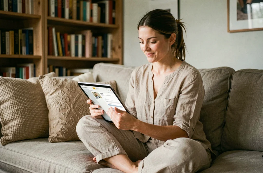 Femme consultant une application de liste de souhaits sur tablette depuis son canapé