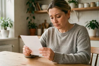 Femme tenant une carte de condoléances à la table de cuisine après le décès de sa maman