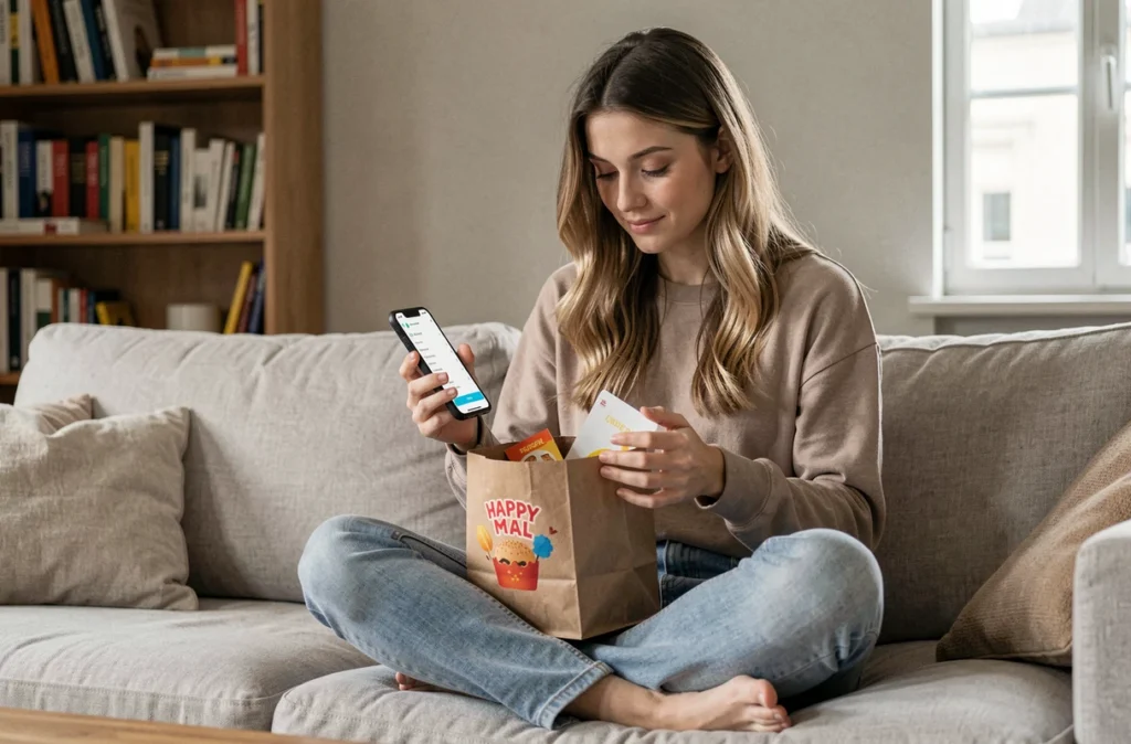 Jeune femme consultant les frais de livraison d'un Happy Meal McDonald's sur son smartphone dans un salon moderne
