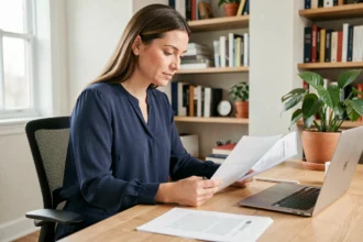 Femme en congé maternité préparant une lettre de demande de temps partiel 80% à son bureau à domicile