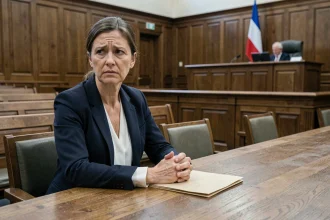 Femme seule dans une salle d'audience devant un juge aux affaires familiales, illustrant l'absence d'un parent à une audience de garde d'enfant