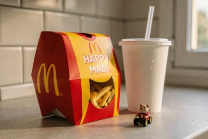 Happy Meal McDonald's posé sur un comptoir de cuisine française avec frites et jouet, prêt pour la livraison à domicile