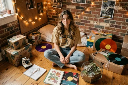 Adolescente assise sur un plancher en bois entourée de cadeaux originaux comme un appareil polaroid, des vinyles et un kit terrarium