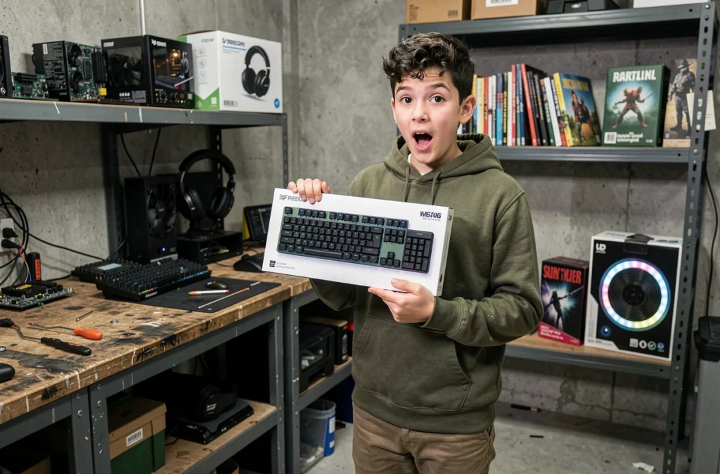 Adolescent tenant un clavier mécanique dans un atelier garage avec des cadeaux tech et des romans graphiques en arrière-plan
