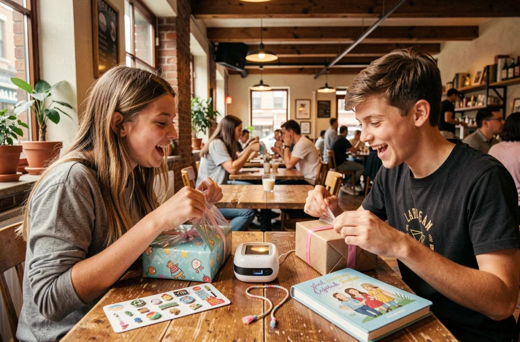 Deux adolescents qui déballent des cadeaux créatifs et insolites dans un café urbain chaleureux