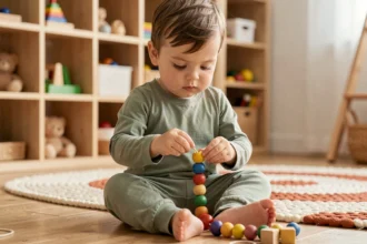 Enfant de 2 ans enfilant des perles en bois colorées sur un tapis en laine, activité de motricité fine adaptée à son âge