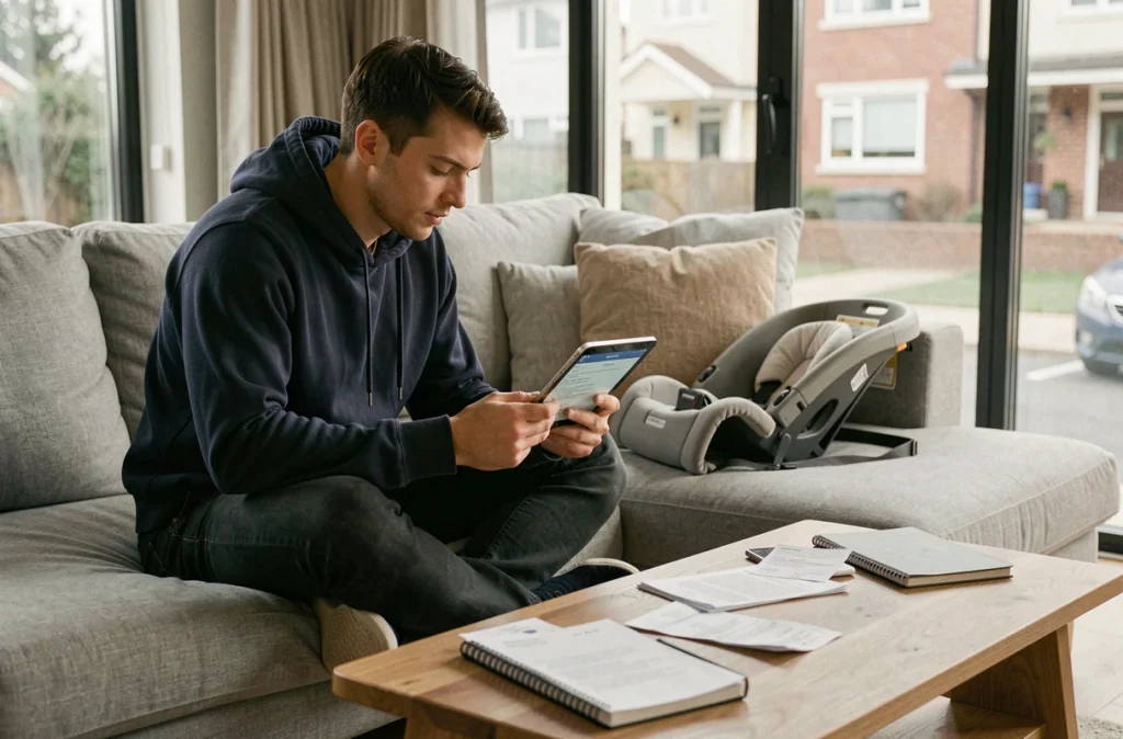 Jeune père autoentrepreneur consultant les démarches d'indemnisation du congé paternité sur une tablette dans son salon