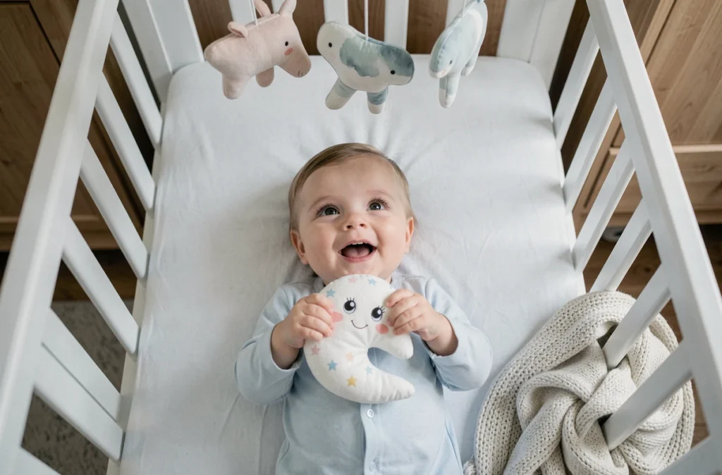 Bébé de 7 mois dans son lit tenant une peluche musicale en forme de lune pour s'endormir