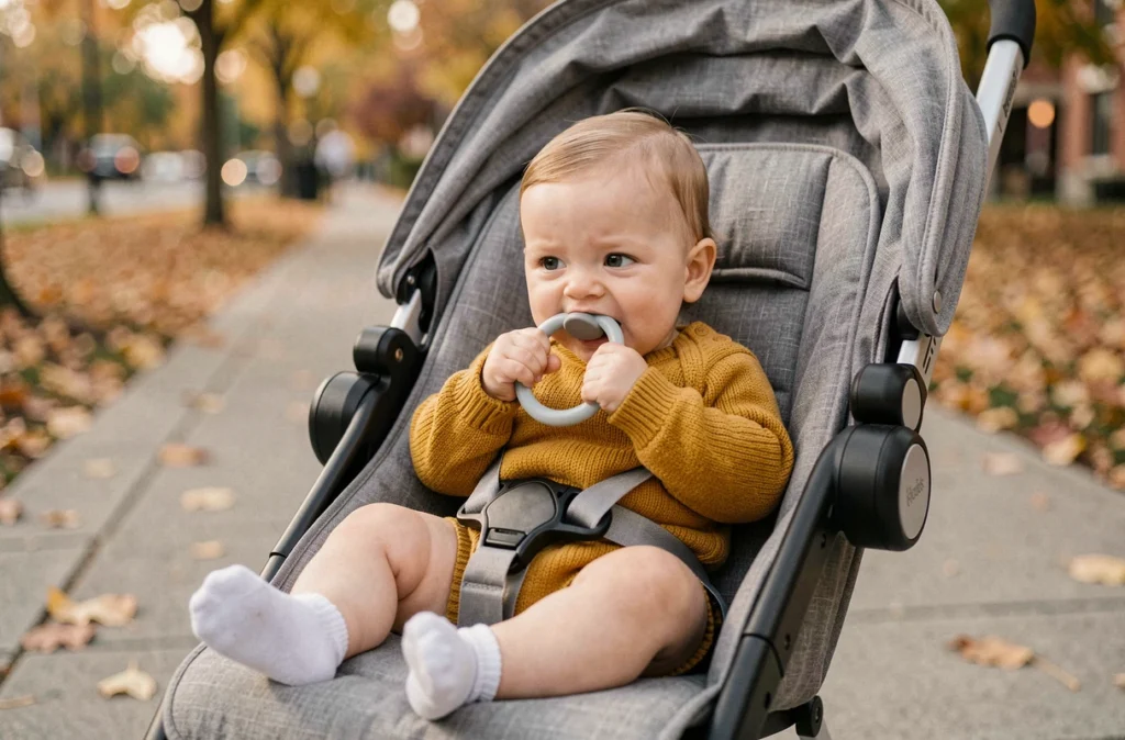 Bébé de 7 mois en poussette tenant un anneau de dentition en silicone