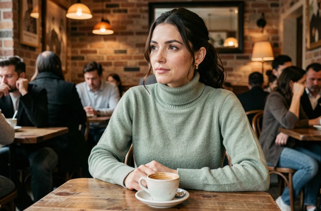Femme journaliste dans un café parisien, regard pensif et atmosphère intimiste évoquant la vie privée