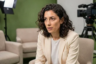 Journaliste femme aux cheveux bouclés en interview dans un studio télévision, expression introspective et tenue soignée