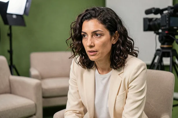 Journaliste femme aux cheveux bouclés en interview dans un studio télévision, expression introspective et tenue soignée