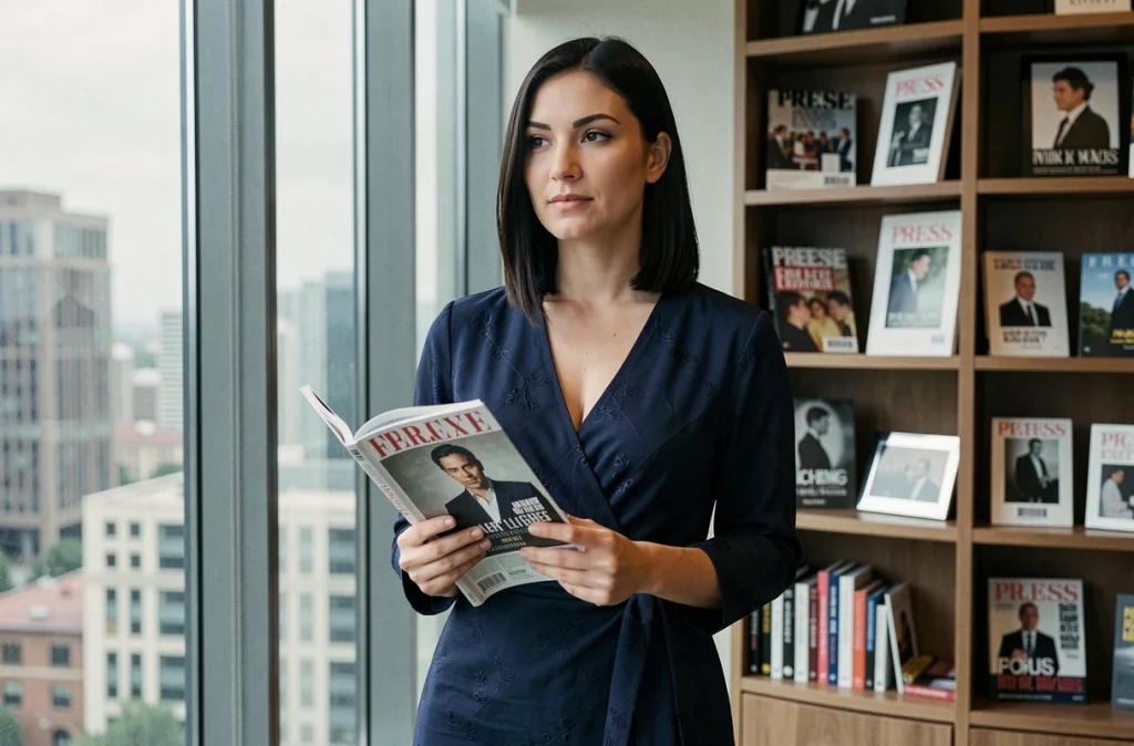 Journaliste debout près d'une fenêtre urbaine tenant un magazine, portrait éditorial professionnel et vie professionnelle