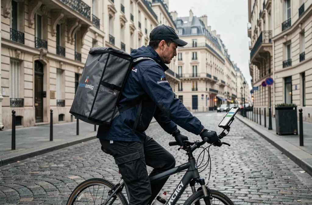 Livreur à vélo dans une rue parisienne transportant une commande McDonald's Happy Meal via une application de livraison
