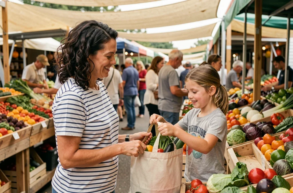 Une mère et sa fille choisissent ensemble des légumes frais sur un marché de producteurs avec un sac réutilisable
