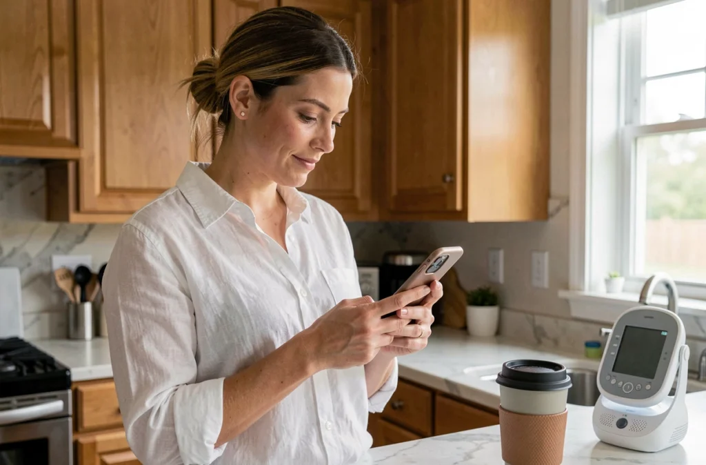 Mère consultant les démarches CAF sur son téléphone pour une demande de temps partiel 80% après la naissance