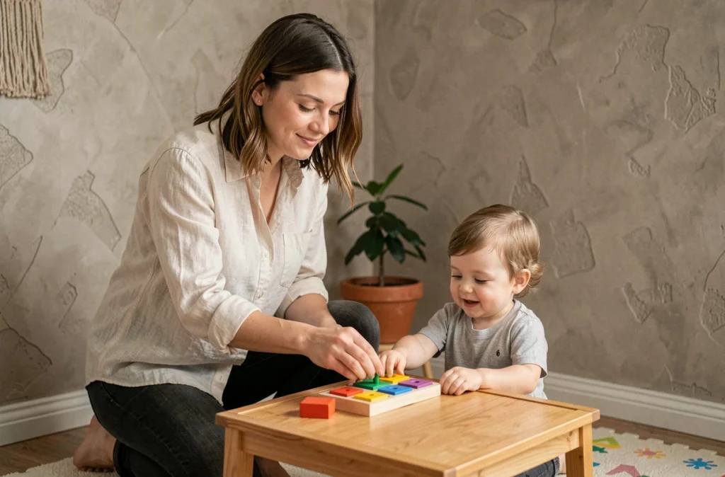 Maman aidant son enfant de 2 ans à utiliser un jouet de tri de formes pour développer la motricité fine