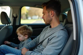 Parent ajustant la ceinture d'un réhausseur sur le siège arrière d'une voiture familiale moderne