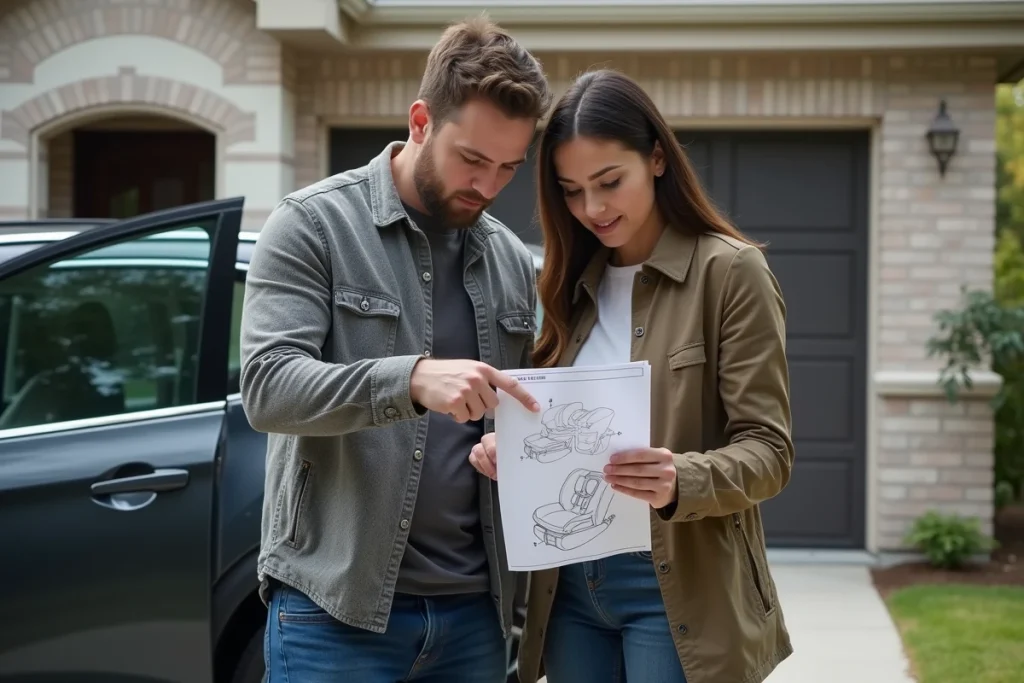 Deux parents consultant le manuel d'installation d'un réhausseur devant leur voiture dans une allée résidentielle