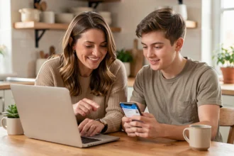 Femme et jeune homme partageant une liste de souhaits en ligne sur ordinateur portable et smartphone à la maison