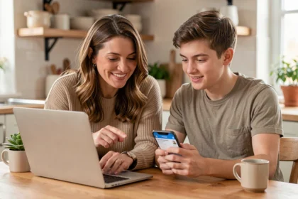 Femme et jeune homme partageant une liste de souhaits en ligne sur ordinateur portable et smartphone à la maison