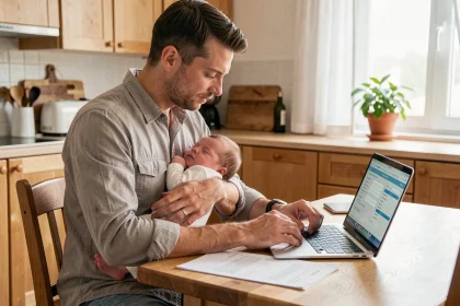 Père autoentrepreneur tenant son nouveau-né tout en remplissant des formulaires de congé paternité sur son ordinateur portable à la maison