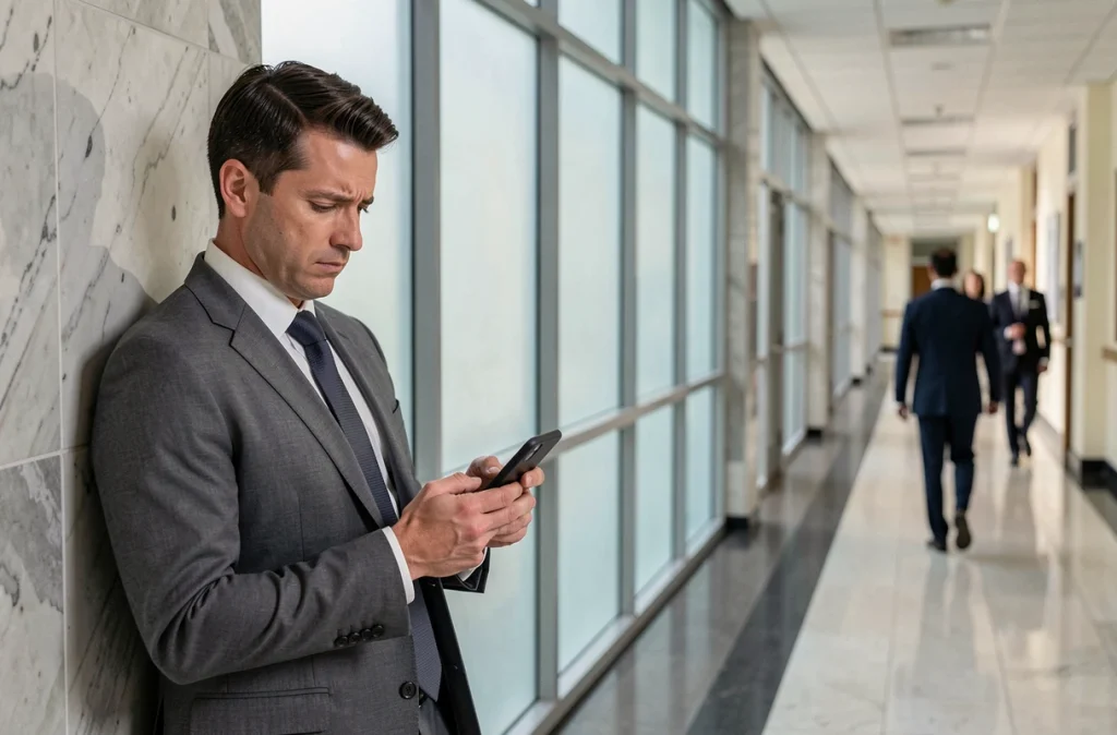 Père inquiet dans un couloir de palais de justice consultant son téléphone avant une audience concernant la garde de ses enfants