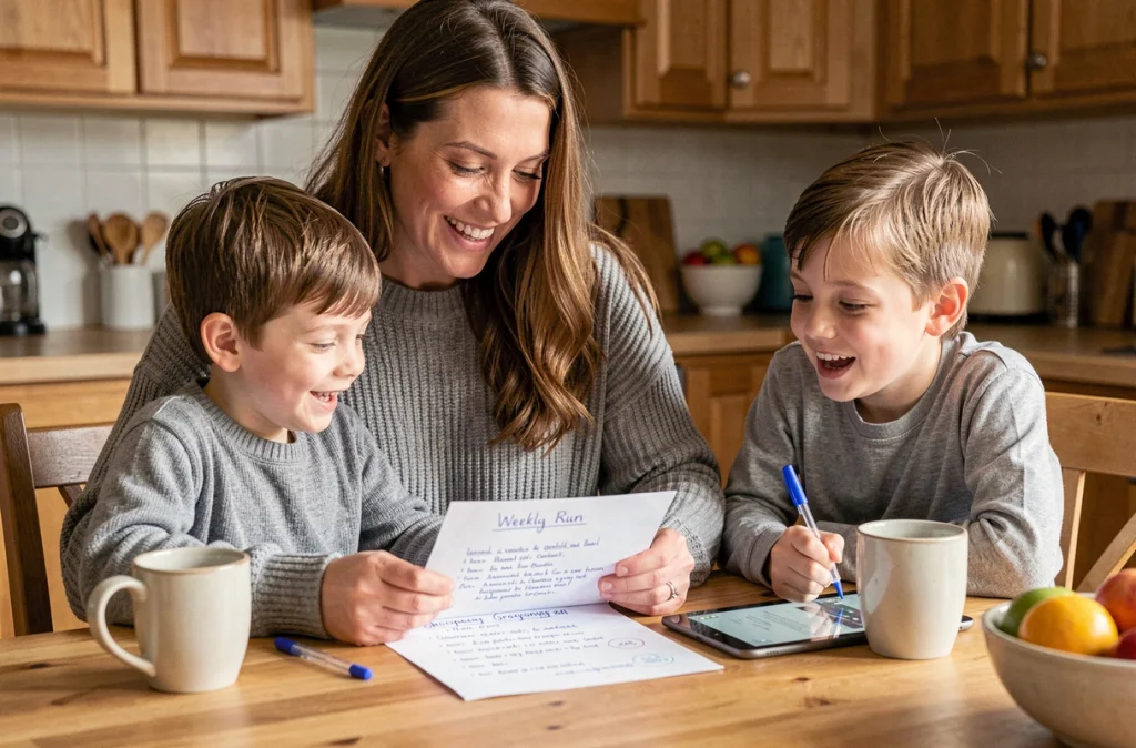 Mère et deux enfants planifient ensemble la liste de courses hebdomadaire autour de la table de cuisine avec une tablette
