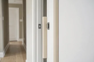 Porte intérieure blanche équipée d'un système de protection anti pince doigt en silicone sur le côté charnière dans un couloir résidentiel moderne