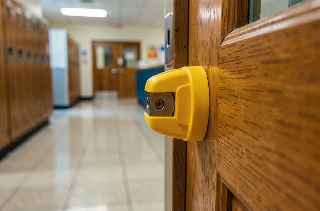 Gros plan sur un protège-doigts anti pince en plastique jaune fixé sur le bord d'une porte de salle de classe en bois