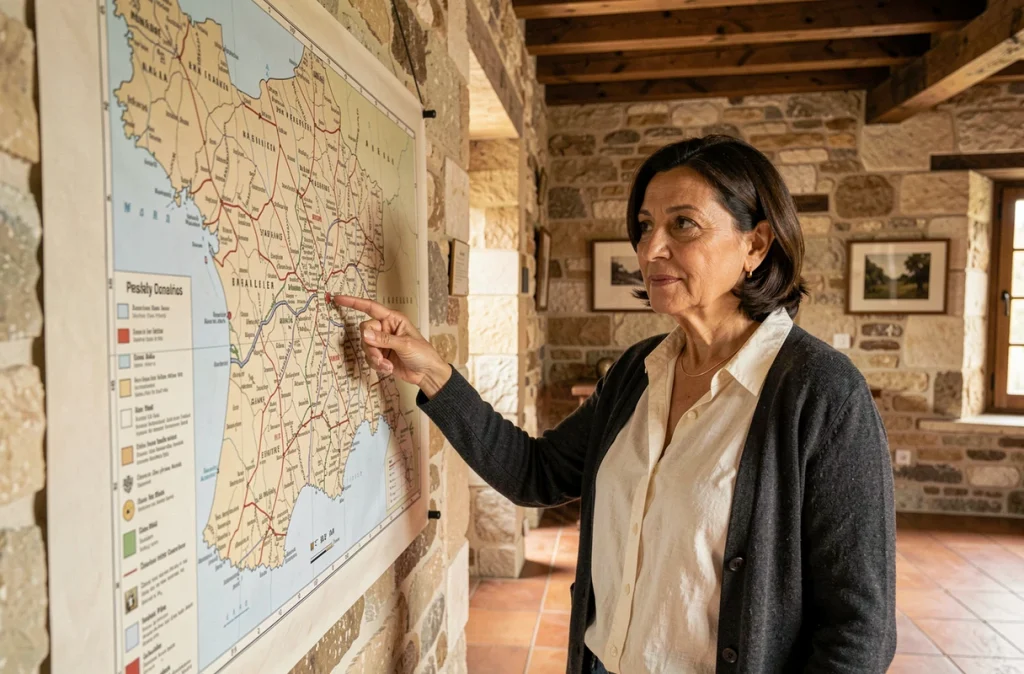 Femme devant une carte de la région du sud-ouest de la France, symbolisant l'ancrage régional et les origines de Régine Delfour
