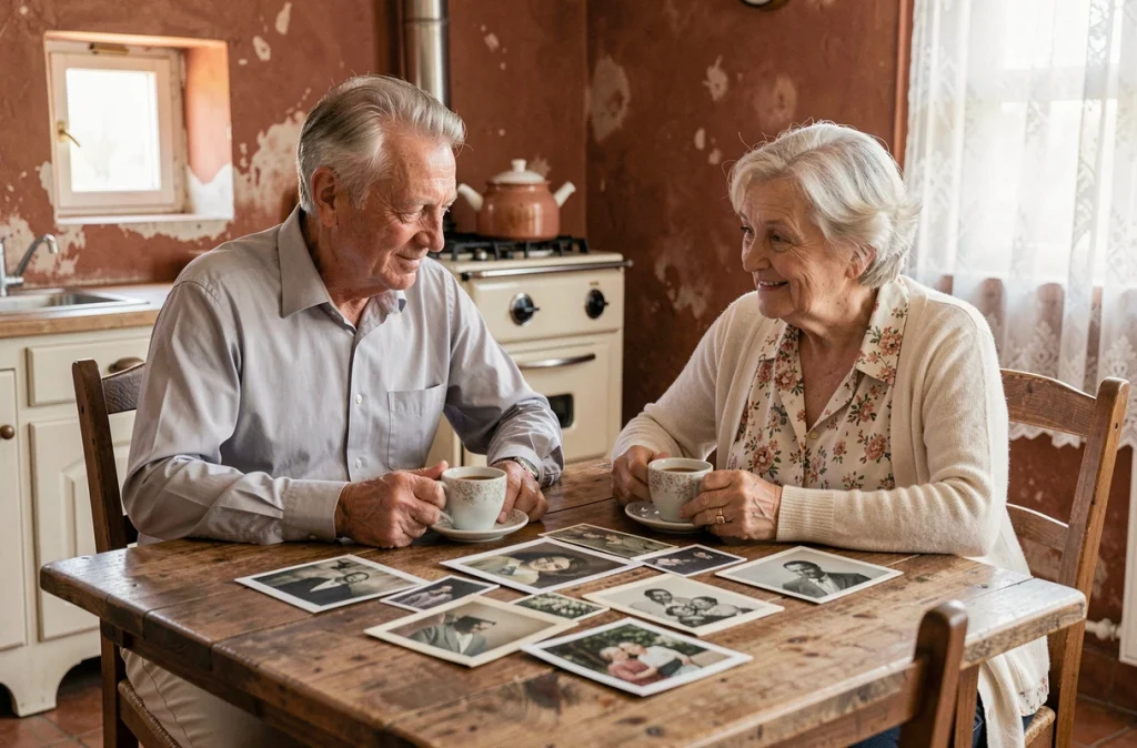 Couple âgé français dans une maison provinciale traditionnelle, évoquant les parents et les racines familiales dans le contexte des origines de Régine Delfour