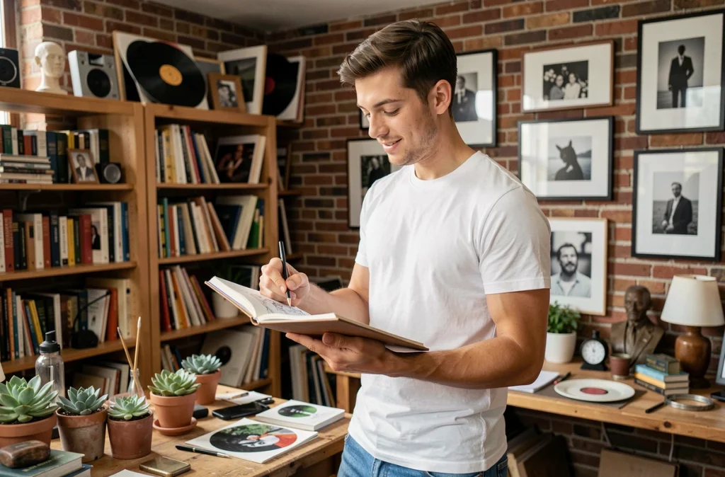 Jeune homme explorant ses passions artistiques dans un atelier créatif personnel, passe-temps et loisirs en dehors du travail