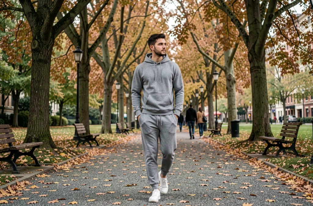 Jeune homme se promenant seul dans un parc urbain en automne, loisirs et vie privée loin des caméras