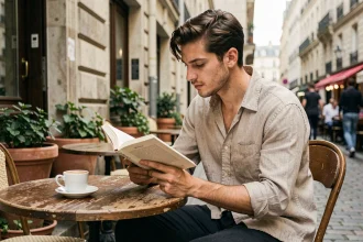 Jeune homme détendu lisant un livre en terrasse de café parisien, ambiance quotidienne hors des plateaux de tournage